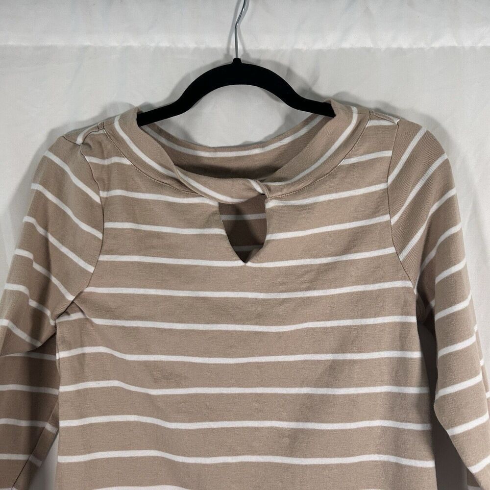 Chico's Blouse Women's Small Beige White Striped 3/4 Sleeve Round Neck Cotton - Picture 2 of 9